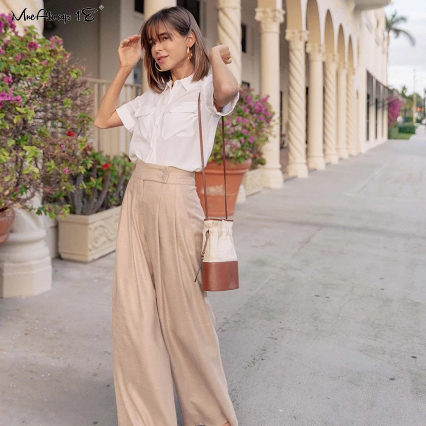 Mnealways18 Pleated Wide Leg Pants Loose Ladies Office Trousers Baggy Pants Straight Summer Women'S Trousers Elegant High Waist Mnealways18 Pleated Wide Leg Pants Loose Ladies Office Trousers Baggy Pants Straight Summer Women'S Trousers Elegant High Waist