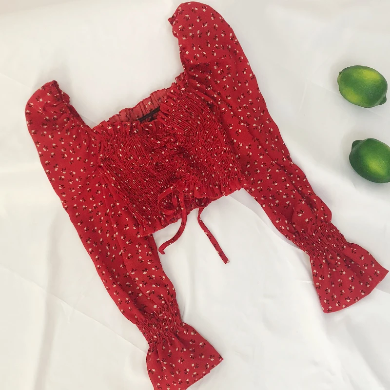 red blouse MUMUZI короткий дизайн пупка шифоновая рубашка дизайн квадратный воротник блузка шнурок супер фея сладкий Цветочный Топы для женщин - Цвет: red blouse