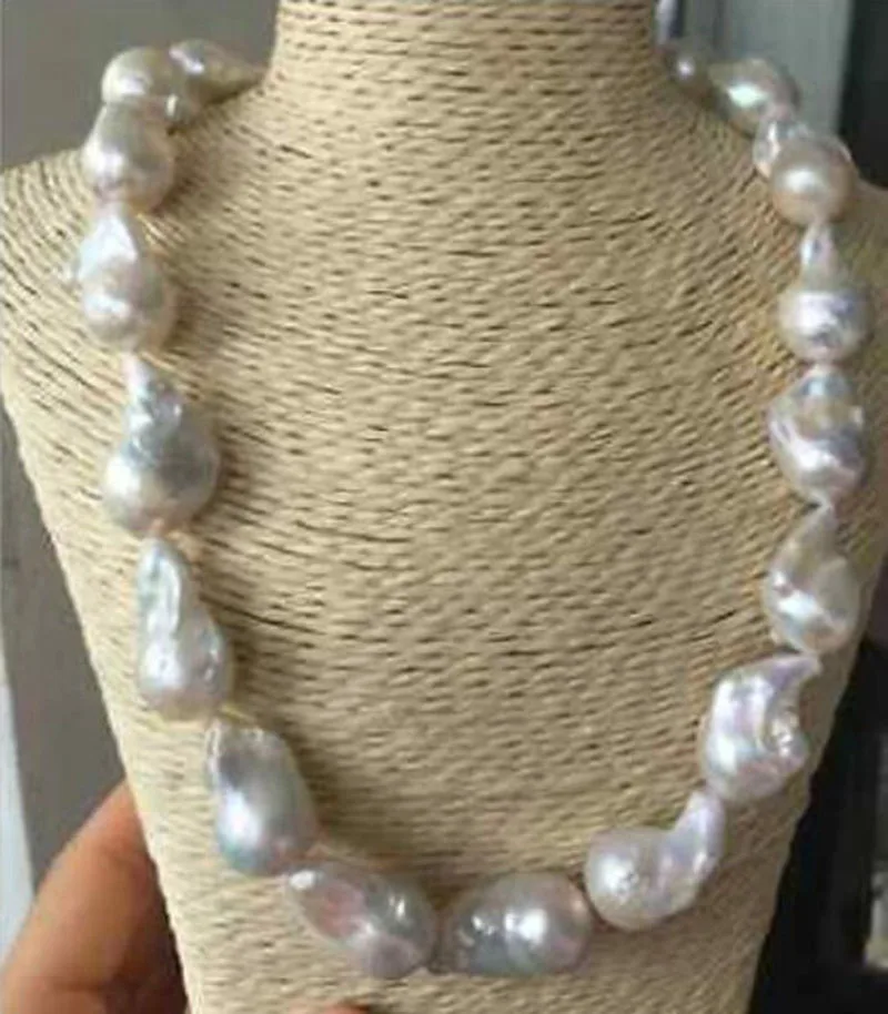 huge natural 20-25mm south sea baroque natural white pearl necklace 20" silver