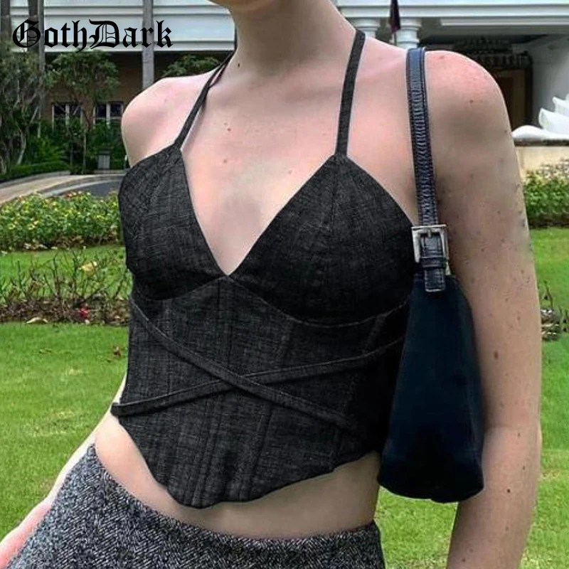 

Goth Dark Lace Up Gothic Sexy Crop Camis E-Girl Streetwear Black V-Neck Sleeveless Halter Tops Backless Female Fashion Clubwear