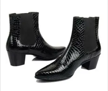 

Men Genuine Leather Ankle Boots Pointed Toe Cuban Heel Shoes Chelsea Boots