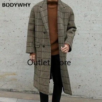 

Autumn Winter Fashion Warm Thick Woolen Coat Men Overcoat Tartan Windbreaker Street Loose Long Jacket Vintage Overcoat Outwear