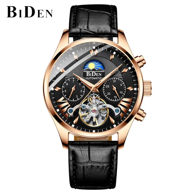 Механические Мужские часы BIDEN Skeleton Tourbillon, автоматические, классические, розовое золото, кожа, механические наручные часы, Reloj Hombre - Цвет: leather black