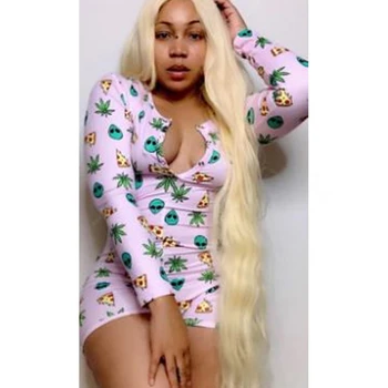 

Women Bodysuit Print Long Sleeve Short Romper Stretch Leotard Button Home Wear Bodycon Jumpsuit Nightwear Sleep Wear PJ