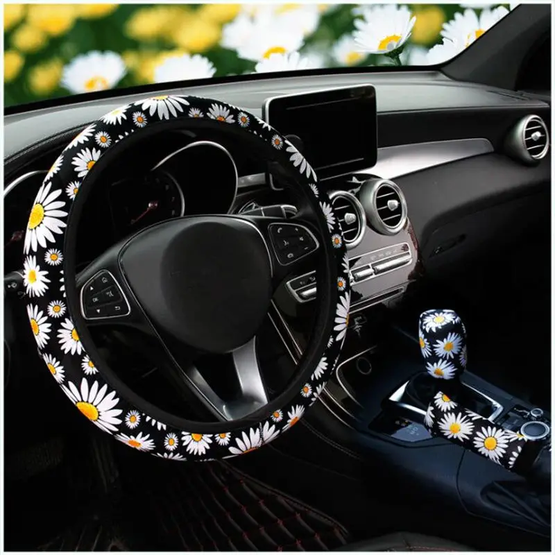 Cute Daisy Flower Car Interior Decoration Knitted Steering Wheel Cover Universal Handbrak Without Inner Ring | Автомобили и