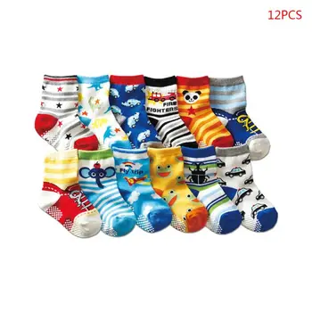 

12 Pairs/ Pack Kids Socks Assorted Non-Skid Ankle Cotton Pattern Socks with Grip