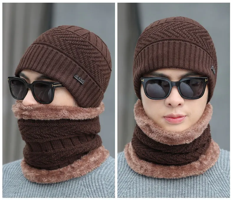 2pcs / комплект шапка мода шапка мужская зимняя вязание шапки для мужские теплый толстый плюс футеровка акрил шапка