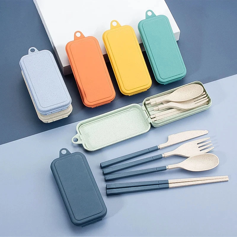 Set di stoviglie in paglia di grano da 4 pezzi, set di posate portatili, coltello, forchetta, cucchiaio, bacchette, set di posate da viaggio, scatola per utensili ecologica_voghion.com