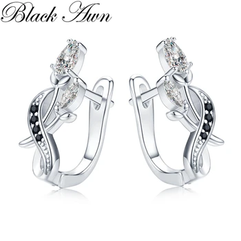 

[BLACK AWN] 925 Sterling Silver Round Black Trendy Spinel Engagement Flower Hoop Earrings for Women Fine Jewelry Bijoux I151