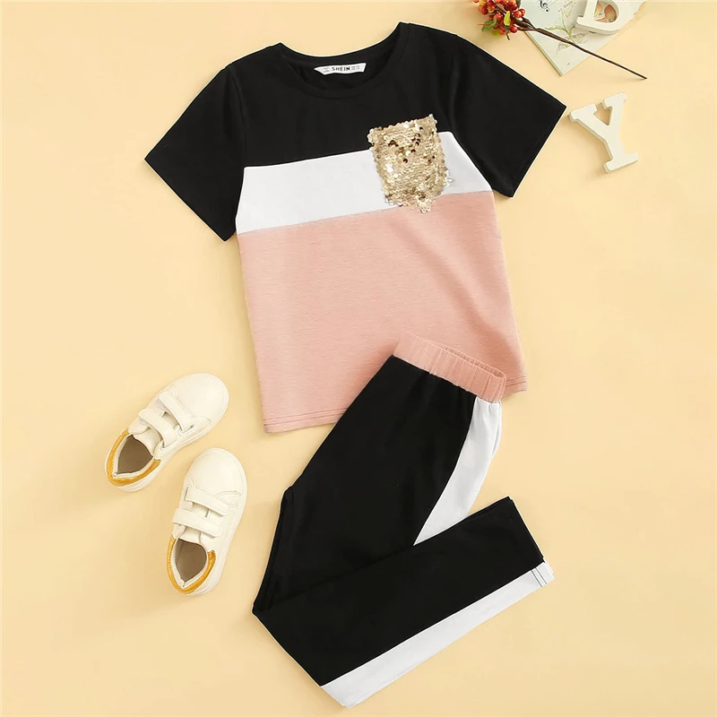 SHEIN Kiddie/укороченный топ с тропическим принтом и байкерские шорты для маленьких девочек, г., летняя одежда без рукавов для активного отдыха обтягивающие комплекты