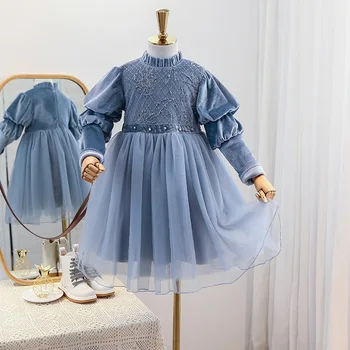 

Autumn and winter girls dress children's clothing 2020 new mesh stitching children princess dress plus velvet