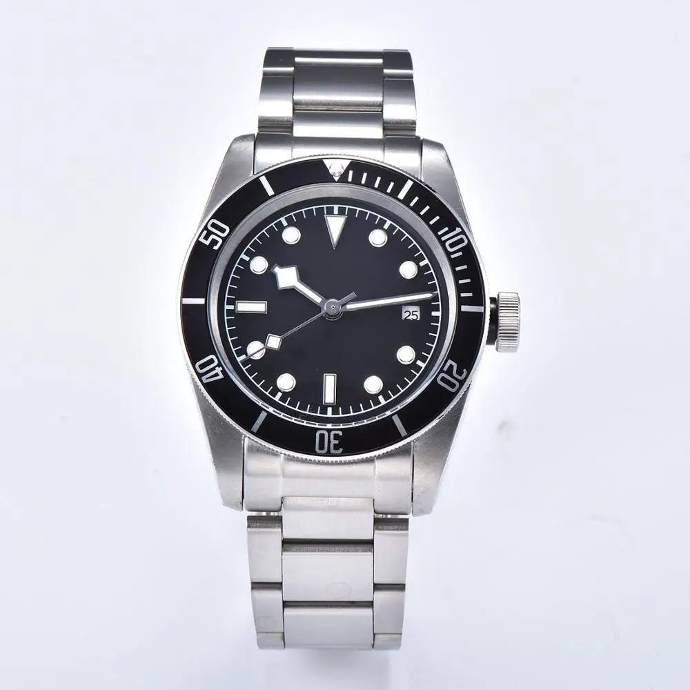 

Fashion watch BAY automatic movement new 41mm Luminous Hands military steel shell bracelet black dial 71210