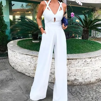 

2019 Sexy V-Neck Sleeveless Wide Leg Jumpsuit Women Spaghetti Strap Hollow Out Party Rompers High Waist White Overalls