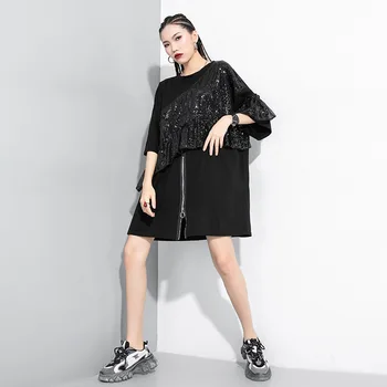 

2020 Summer Round Neck Pullover Sequined Dress Cool 136CM Chest Zipper Ankle-Length Dresses For Women Streetwear Newest