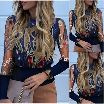 

Plus Size Sexy Women See through Blouse Puff Sleeve Shirts Autumn Flower Print Blusa Lady Embroidery Sheer Mesh Blouses