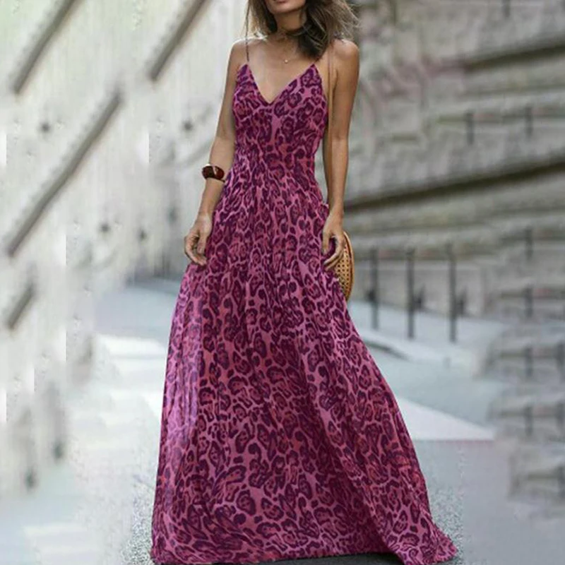 Fashion Sexy Dress Leopard V-Neck Sling Dress Maxi Dresses Women Summer Sleeveless Chiffon Beach Long Dress Robe Tops Dress