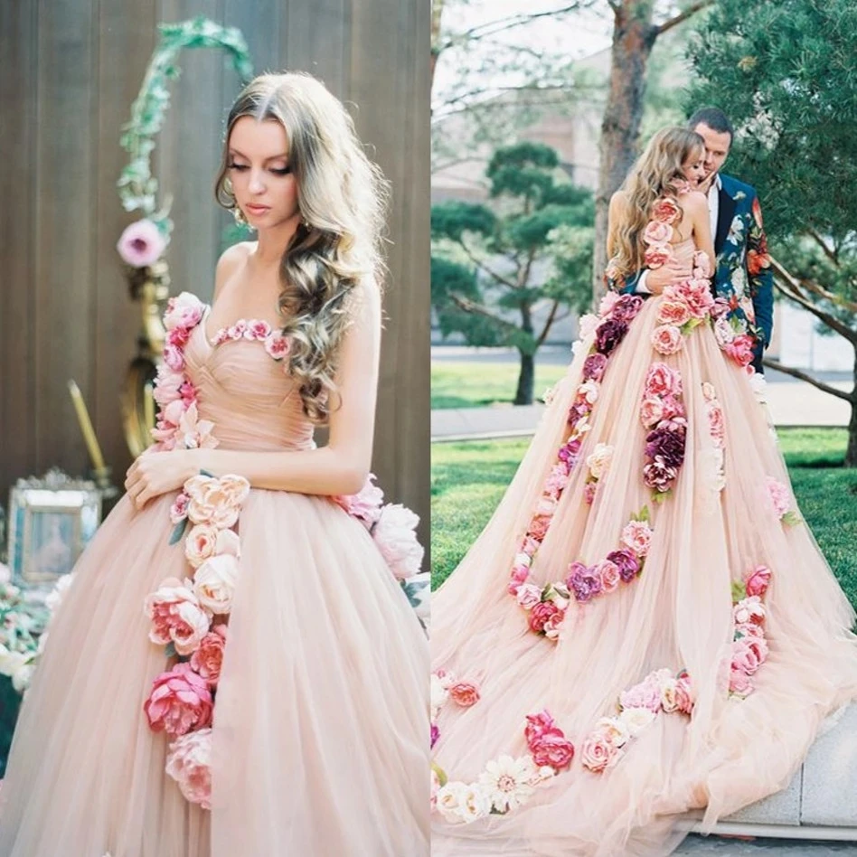Real Princess Floral Wedding Dresses 2021 Fluffy Mesh 3D Flower Bride Dress With Long Train Champagne Sweetheart Off Shoulder | Свадьбы и