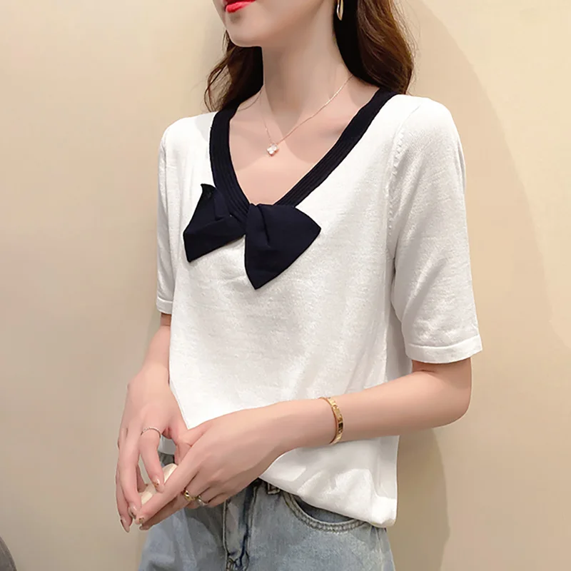 

2021 Summer White Thin Short Sleeve Sweater Knitted V Neck Soft Elasticity Breathable Cute Bow Pullover Korean Clothing Womens