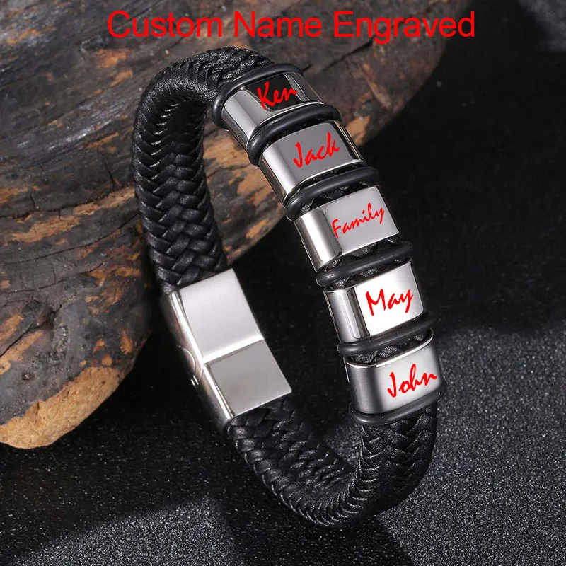 Черные плетеные кожаные браслеты с гравировкой имени на заказ для мужчин модные