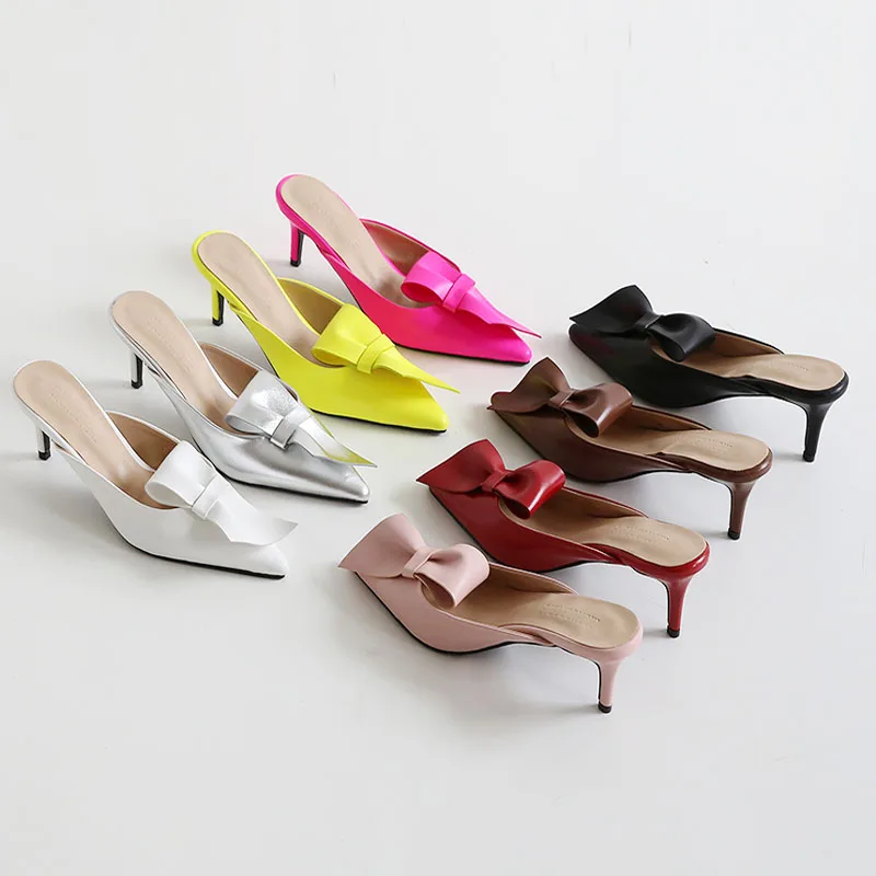 

pointed toe candy color bow slippers women thin high heels summer slides luxury big knot flip flops sexy lady mules big size 618