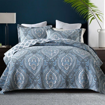 

American Style Print Bedspread Quilt Set Shams 3-piece AB-Side Bedding Washed Cotton Quilts Bed Covers King Queen Size Coverlet