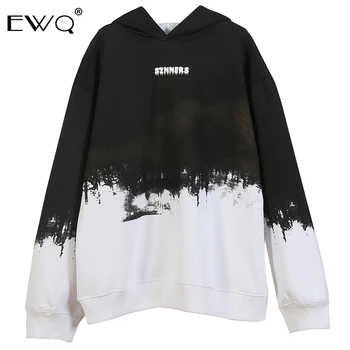 

EWQ / Sinner Punishment Print Ink Tie Dye Color Block Patchwork Fleece Hooded Sweatshirts Hoodies Streetwear Hip Hop Tops 9Y364
