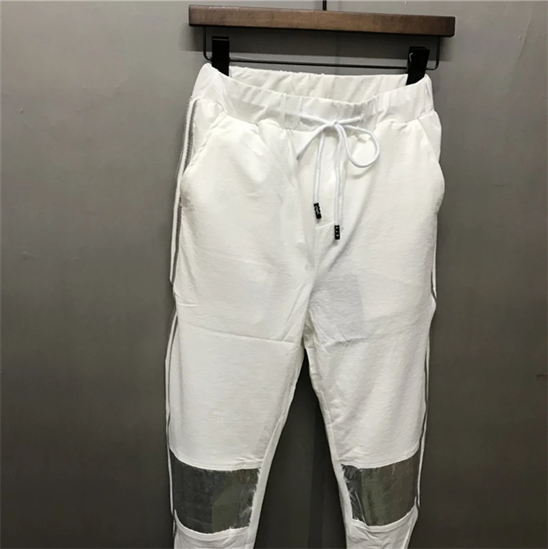 Summer New Ins Reflective Lightweight Two Bars Men's Pants Ankle-Length Slim Fit Pencil Middle Elastic Waist Trousers