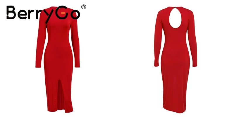 BerryGo, сексуальное облегающее платье с открытой спиной, женское элегантное офисное платье с круглым вырезом и длинным рукавом, осеннее платье-футляр, длинное платье для работы и вечеринок