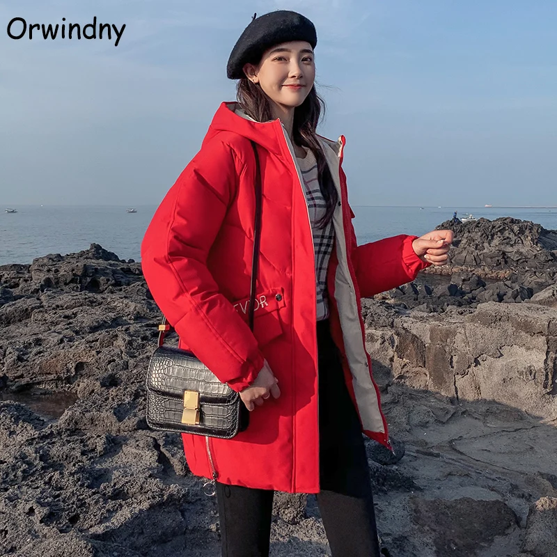 Orwindny/зимнее пальто для женщин; коллекция года; Узкие студенческие парки средней длины для девочек; плотная теплая одежда с капюшоном; Женская куртка с хлопковой подкладкой