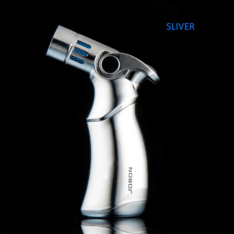 sliver Металлическая зажигалка для сигар, 4 струйный фонарь, синяя зажигалка с пламенем, многоразовые газовые зажигалки, ветрозащитные зажигалки для сигарет с сигары CL003 - Цвет: sliver