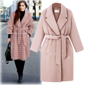 

Woman coats spring 2020 new lace up Man-made wool coat Turn-down Collar Belt Long High Waist plus size coats and jackets women