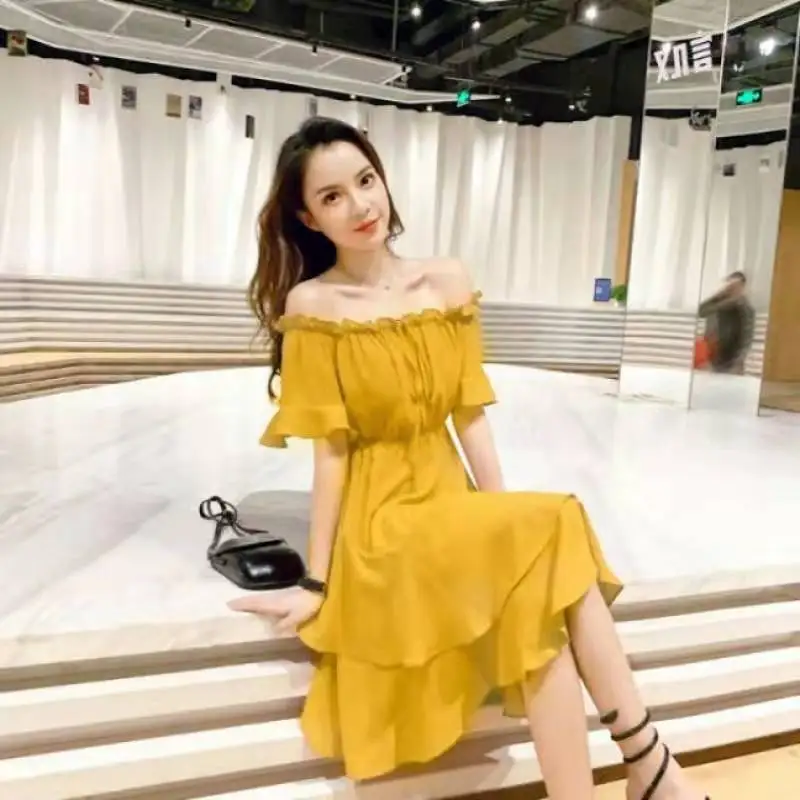 Retro Fairy Beach Dress Summer Yellow Chiffon Seaside Vacation Word Shoulder Dress Female Dress Solid Color