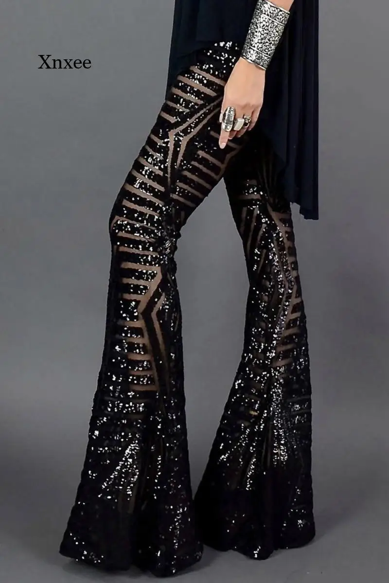 Sequin Wide Leg Flared Pants Black 