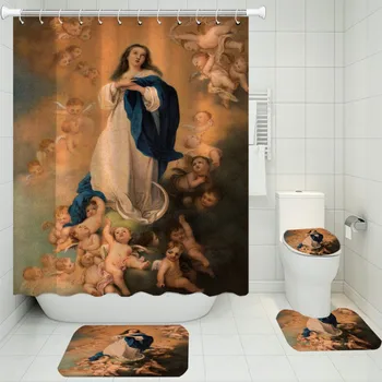 

3/4 Pieces British Royal Oil Painting Shower Curtains Sets European Artistic Carpet Toilet Mat 3D Print Watercolor Bathroom Set