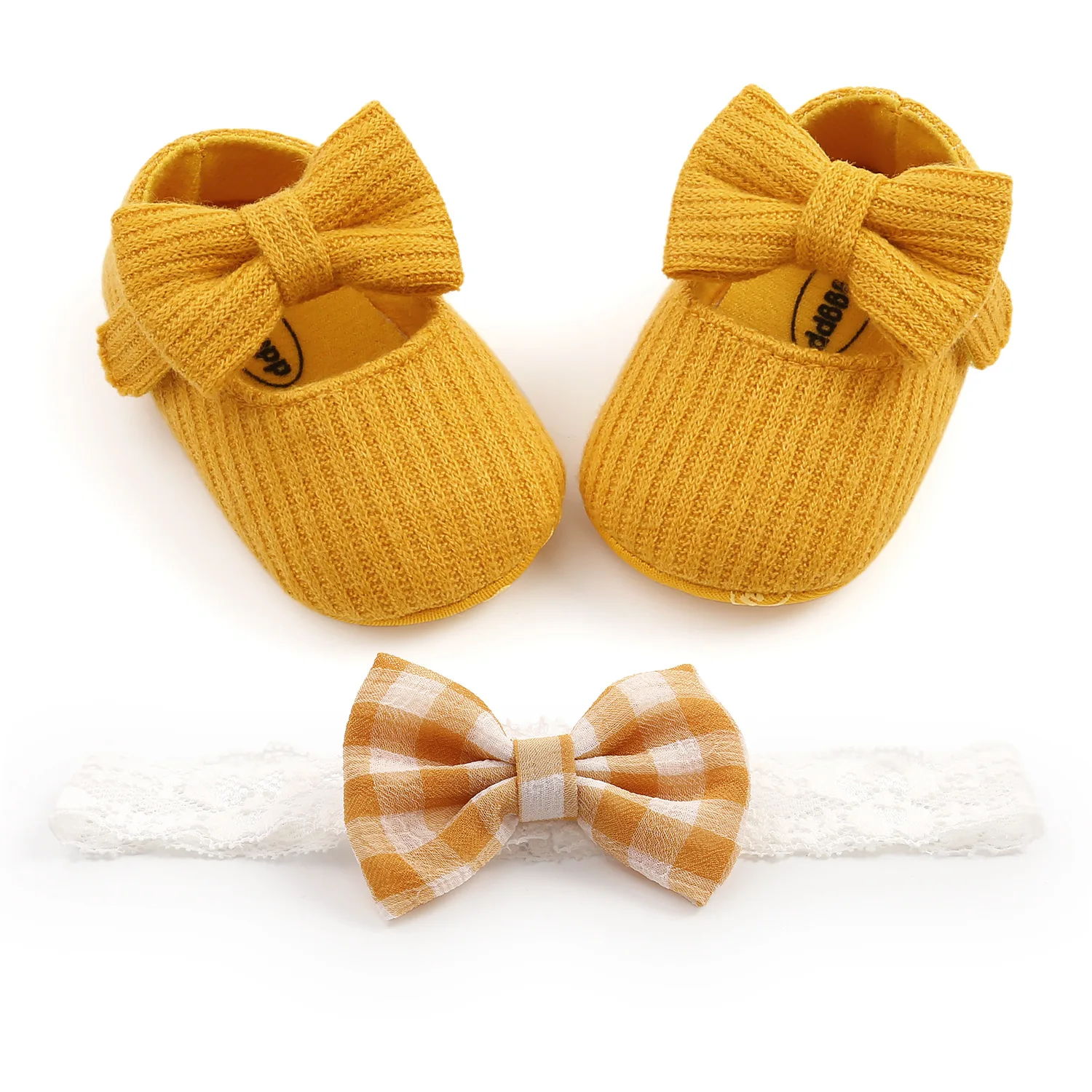 FOCUSNORM Infant Baby Girls Boys Shoes and Headband Solid Color Anti-Slip Shoes+ Plaid Bowknot Headwear