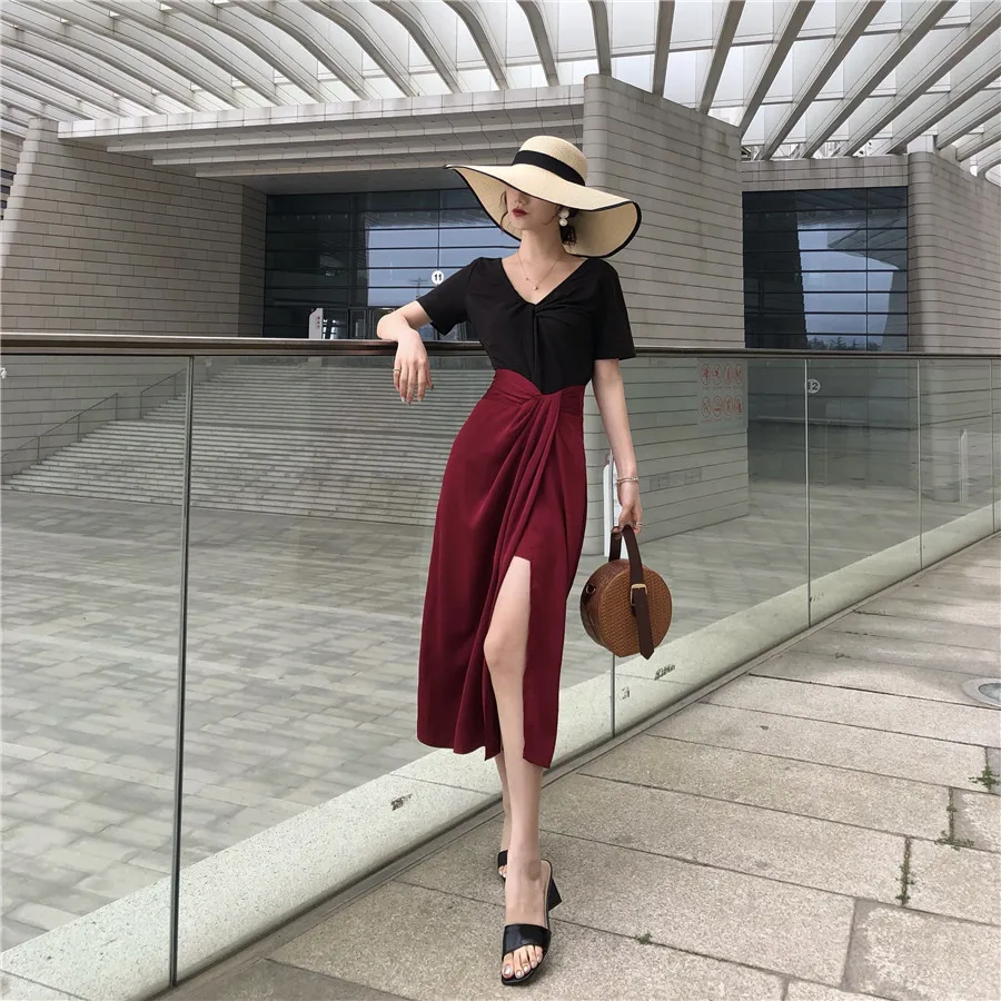 

Summer Wear Two-Piece Set Short Sleeve Solid Color T-shirt + Slit High Waist Skirt Fashion Western Style Dress Outfit Women's 20