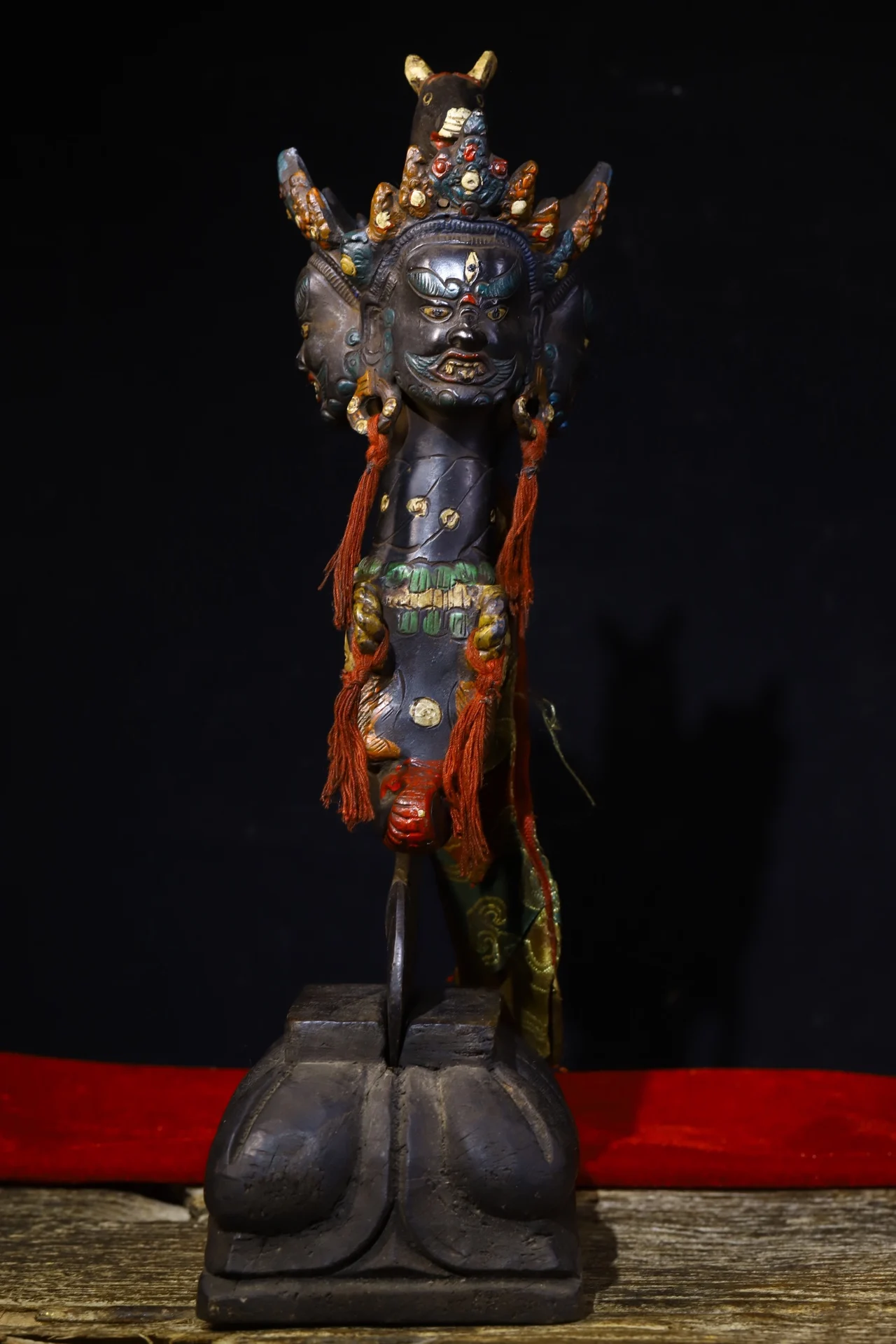 

13"Tibetan Temple Old Bronze Cinnabar Tracing Hayagriva Three-sided Mahakala Head Dorje Vajra Phurpa Amulet Town House Exorcism