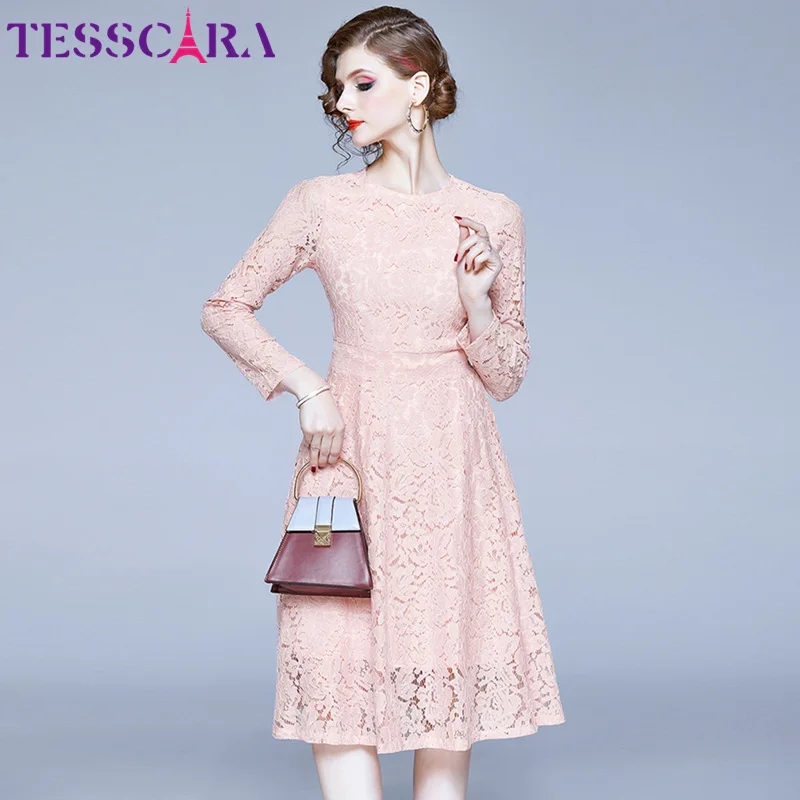 Pink TESSCARA, женское осеннее элегантное голубое кружевное платье, женские офисные вечерние платья, высокое качество, дизайнерские свадебные коктейльные платья - Цвет: Pink