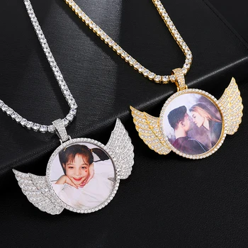 

Custom Photo Medallions Copper Angel Wings Pendant/Necklace Men Iced Out Shiny Crystal Cubic Zircon Tennis Chain Hip Hop Jewelry