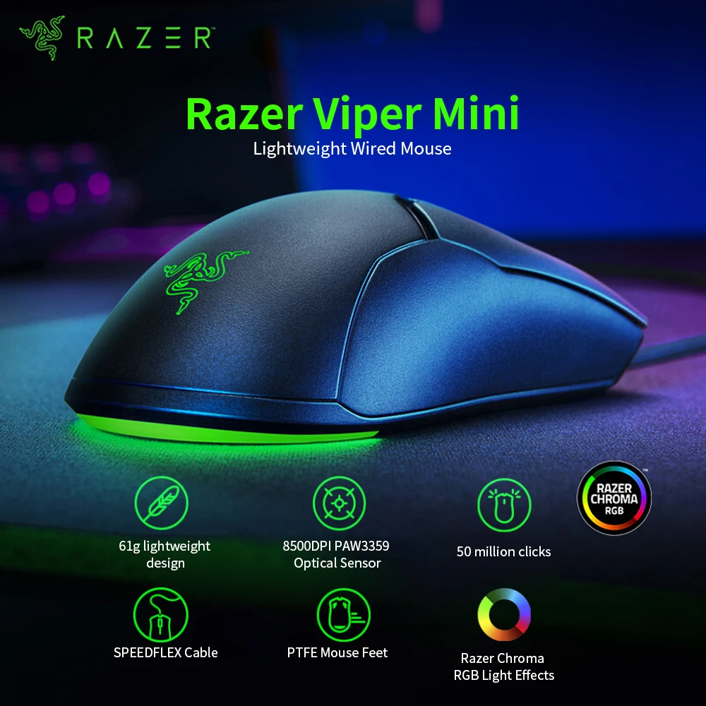 8 шт. Razer Viper Mini 61 г легкая проводная мышь 8500DPI PAW3359 оптический датчик Chroma RGB игровая