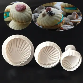 

3pcs Plastic White Sea Shell Shape Cookie Cutter Cookie Stamp Chocolate Cake Mould 3D Press Cookie Mould Bakeware Kitchen Tool