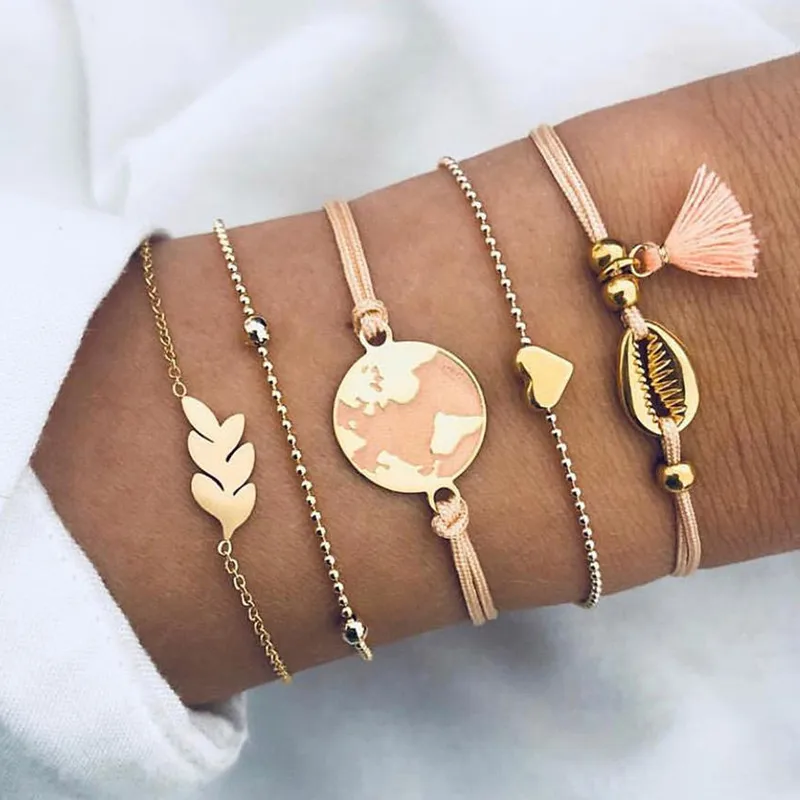 

Bohemian 2019 Shell Map Heart Charm Bracelets Bangles For Women Pink Tassel Bracelets Sets Jewelry Gifts New Vintage