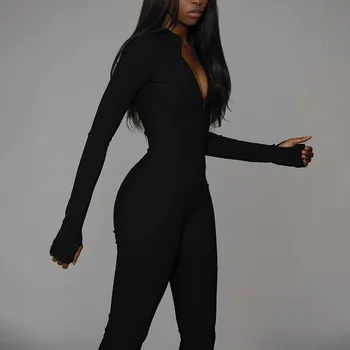 

Female One Piece Long Sleeve Jumpsuit Women Black White Zipper Sexy Bodycon Fitness Overall Casual Clubwear Long Playsuits