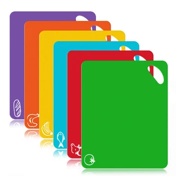 

New Hot 6 Pcs Flexible Plastic Cutting Board Mats Set Colored Kitchen Mats with Food Icons Easy Grip Handles-35