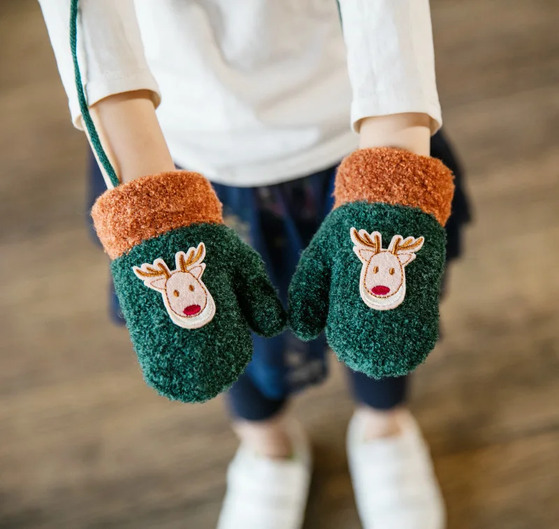 Милые детские зимние перчатки с оленем, Детские флисовые толстые теплые уличные Перчатки, варежки, модные разноцветные зимние перчатки в стиле пэчворк для мальчиков и девочек