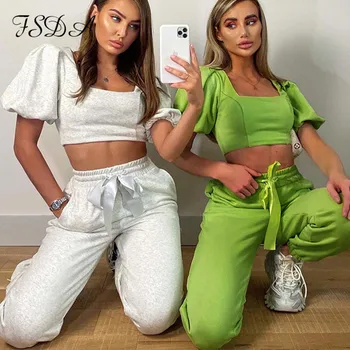 

FSDA 2020 Women Set Summer Short Sleeve Crop Top And Pants Jogger Sweatpant Two Piece Set Black Casual Tracksuits Sports