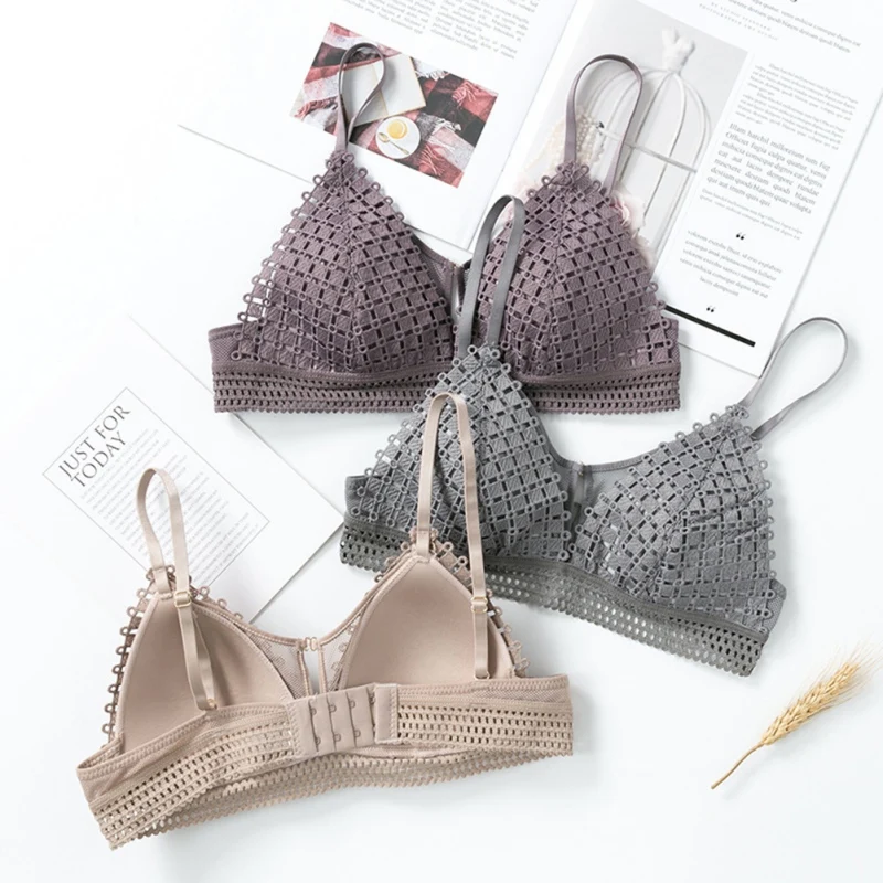 

French Style Bra For Women Plaid Breathable Hollow Out Thin Cup 3/4 Cup Push Up Bra Gather Bralette Female Intimates #15