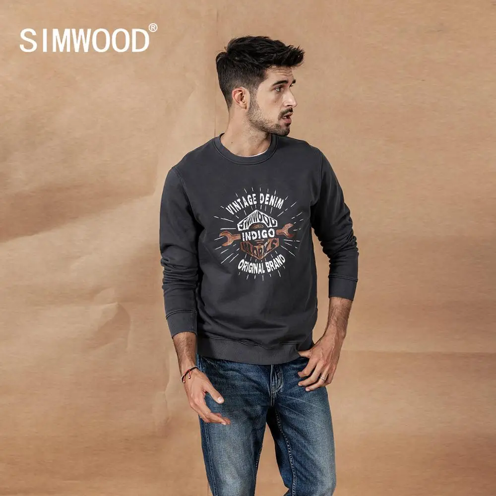 SIMWOOD Autumn Winter New Letter Print hoodies men vintage casual o-neck Indigo dye cotton Jogger Sweatshirt 190455