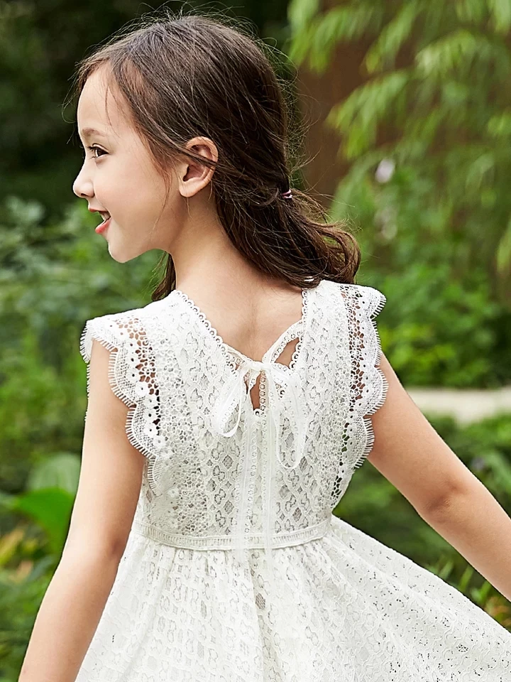 Kids White Lace Short Wedding White Dresses for Girls 6 8 10 12