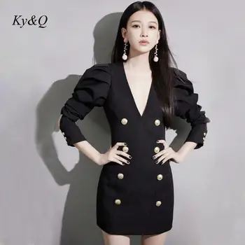 

2019 Winter Runway Designer V-neck Slim Vintage Bubble Sleeve Small Black Long Jacket French Party Dress Women Office Clothes